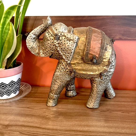 Vintage Elephant Copper Brass Tin Sculpture Heavy Bells Patina Animal Art 11”